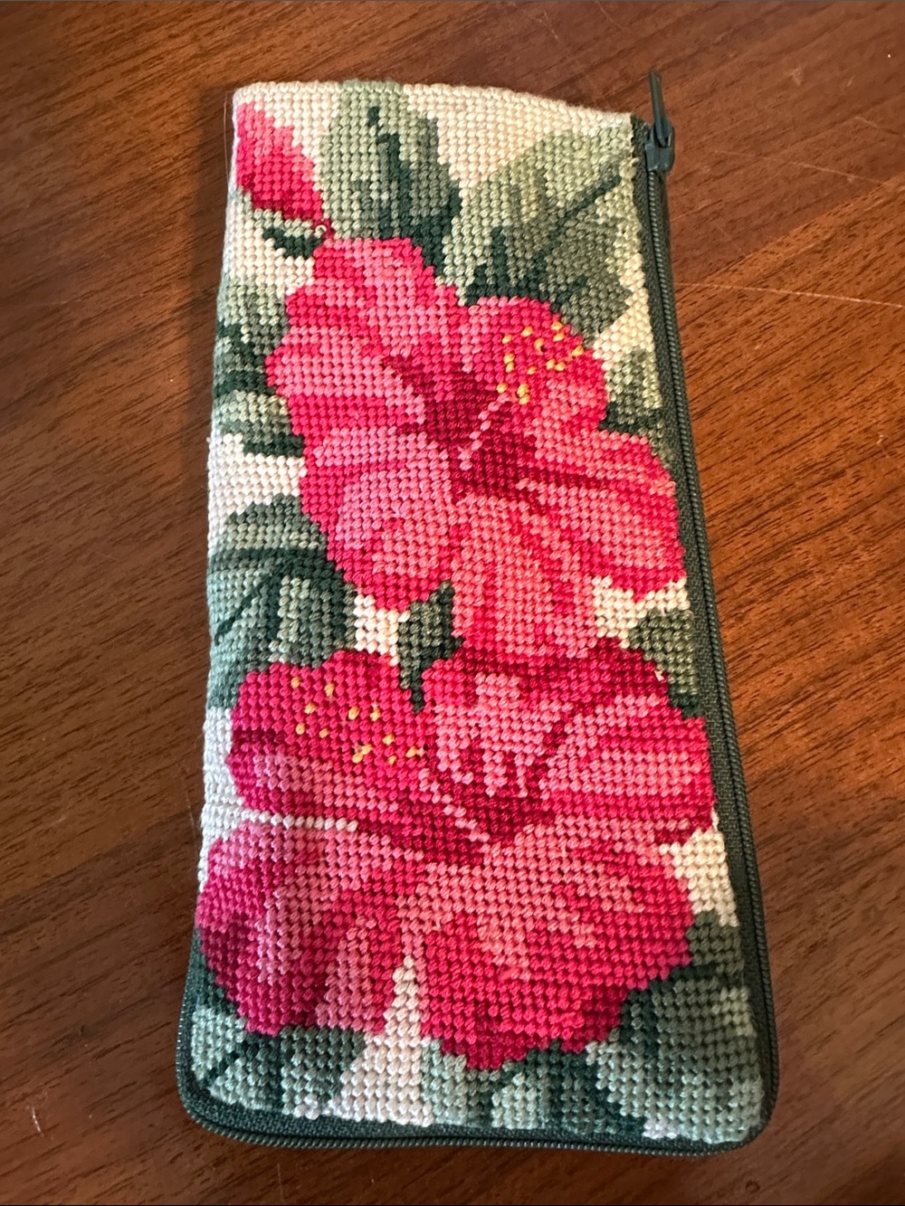 Hand-Embroidered Green & Pink  Hibiscus Needlepoint Zip Up Glasses Case